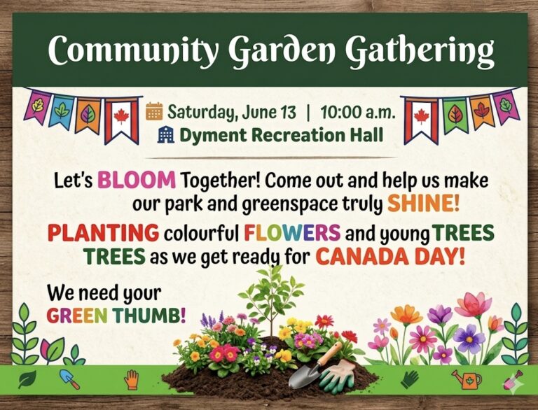 Join your neighbours for a fun, hands-on Community Garden Gathering this Saturday, June 13, at 10:00 a.m. meeting at Dyment Recreation Hall! We are bringing the community together to make our local park and greenspace truly shine. Help us plant vibrant flowers and young trees in preparation for Canada Day events. No green thumb required—just bring your energy, connect with friends, and help beautify our essential outdoor spaces!
